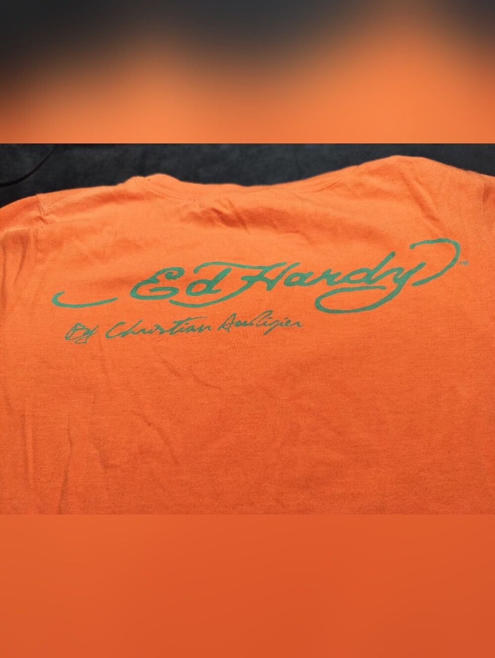 Vintage Ed Hardy Orange Graphic Tee with Rhinestone Gamble Motif - XL - Picture 6 of 9